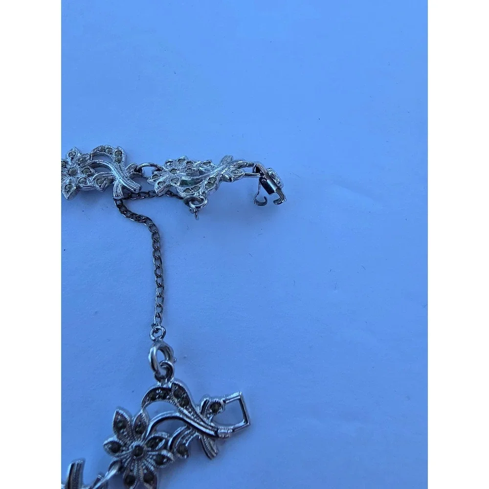 Vintage Marcasite Floral Ribbon Link Bracelet Silver Tone Safety Chain 7.25in